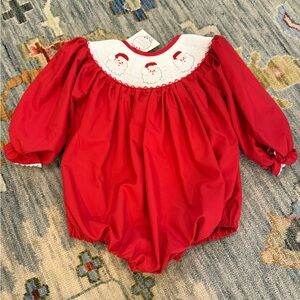 NWT Santa Smocked Christmas Bubble in Red Heirloom Girl Romper Vintage Style 3T